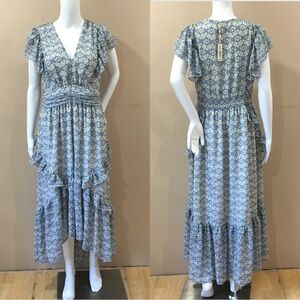 NWT Max Studio Blue White Floral Chiffon Maxi Dress Tiered Ruffle Smocked L